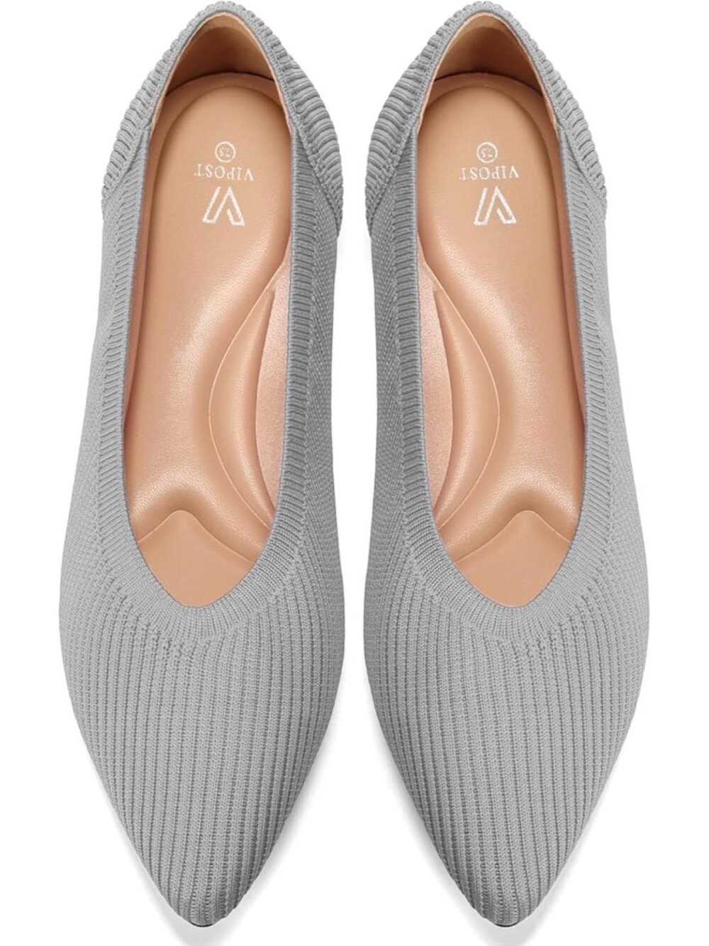 Women's Grey Pointed Toe Comfort Foldable Slip On Dressy Knit Ballet Flat Shoes